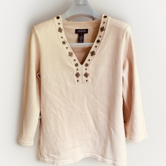 Jones New York 3/4 Sleeve Pullover Sweater Embellished Beads Sequins Neckline M - Picture 1 of 13